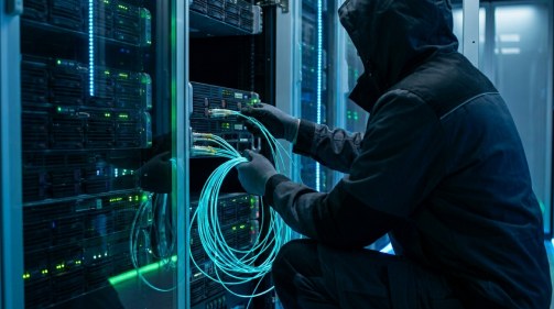 Technician working on network cabling in a data centre