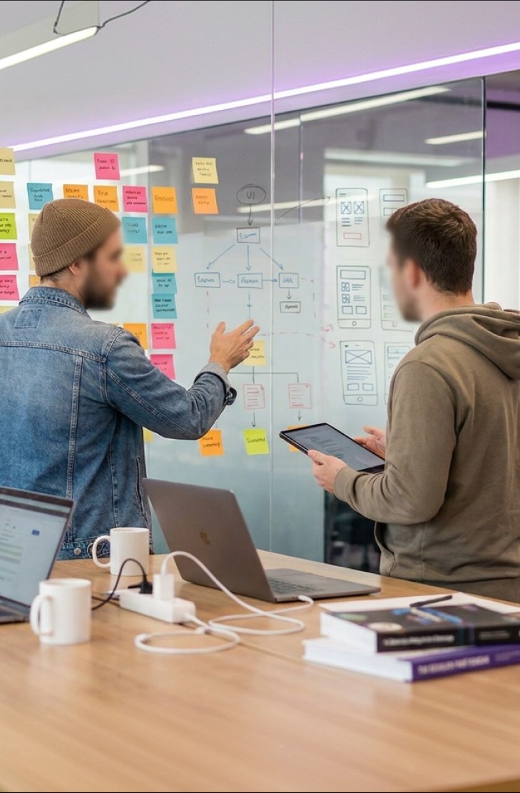 Two SBG engineers planning a project on a glass wall covered in sticky notes